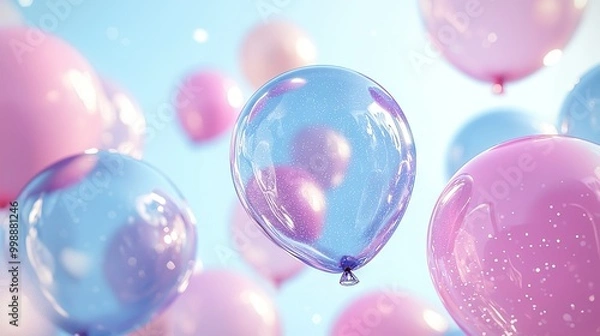 Fototapeta   A group of balloons float against a blue sky, with pink and blue hues visible in the distance