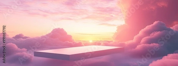 Fototapeta A floating platform in a dreamy sky with soft pink and orange clouds at sunset.