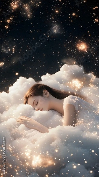 Fototapeta A girl sleeping in the clouds, surrounded by stars, creating an atmosphere of tranquility and dreams