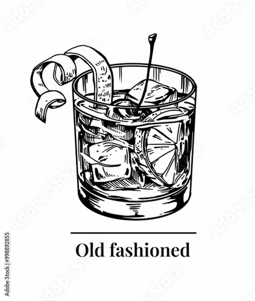 Obraz Old fashioned cocktail, one color illustration, engraving style, monochrome vector drawing