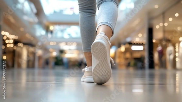 Obraz Close-up shot of a person walking in the shopping mall, wearing casual clothing and white sneakers, capturing the dynamic movement and retail environment.