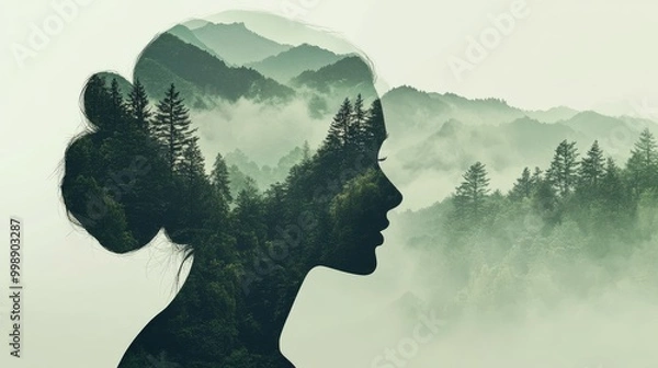 Fototapeta Woman's profile silhouette with mountains and forest overlay.
