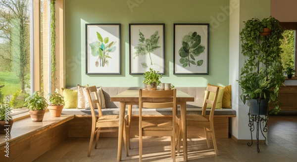 Fototapeta Dining area interior with plants and natural light in cozy dining space