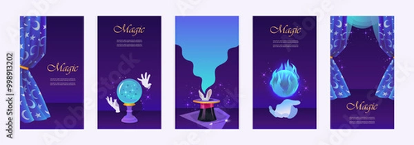 Fototapeta Magic set. Collection of templates for stories, flyers, posters, banners, brochures. Magic ball, curtain and wizard's hat. Vector illustration. story.