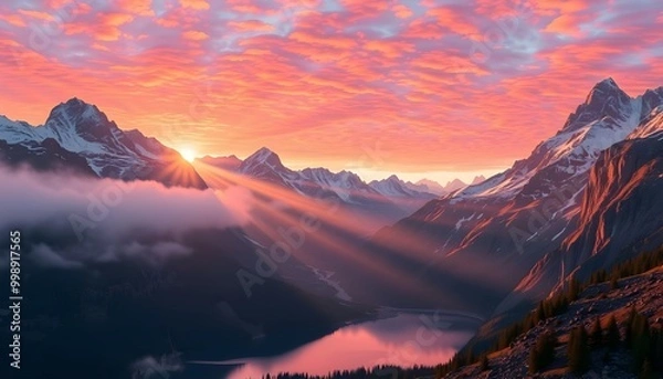 Obraz A breathtaking sunrise casting golden light over snow-capped mountains, with rays of sunlight streaming through a mist-filled valley and reflecting off a tranquil mountain lake, generative ai