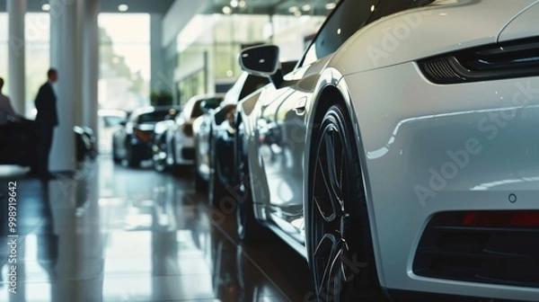 Fototapeta A pristine row of luxurious cars is showcased inside a modern dealership, capturing the essence of high-end automotive finesse.