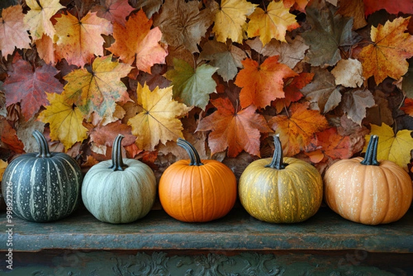 Fototapeta Brightly colored pumpkins lie against a wall covered with colorful autumn leaves. Horizontal shot. There is empty space on the wall for text.