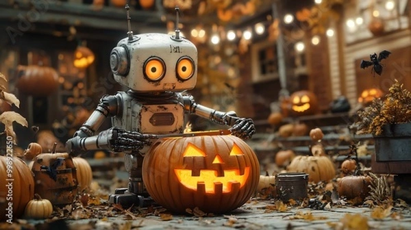 Fototapeta Halloween background with cute robot