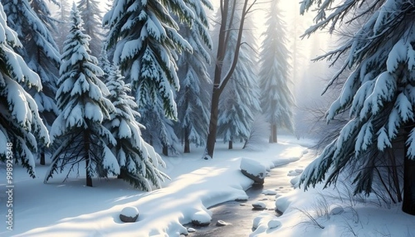 Obraz A magical winter scene featuring snow-covered pine trees in a quiet forest. The soft snow glistens in the pale sunlight, Generative ai
