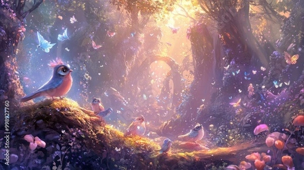 Obraz Enchanting Forest with Birds, Butterflies, and Flowers