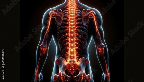 Fototapeta medical illustration in a wide format that shows a human figure from the back with the spine and pelvis highlighted in glowing red