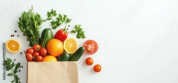 Fototapeta Fresh Fruits and Vegetables in a Paper Bag on a White Background, Representing Healthy Eating and Food Delivery Services with Ample Space for Text.