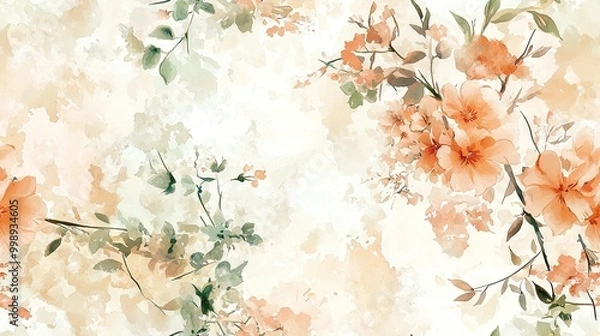 Fototapeta   A stunning painting featuring a bouquet of vibrant flowers against a serene white-pink backdrop, adorned with lush green foliage on the right side of the canvas