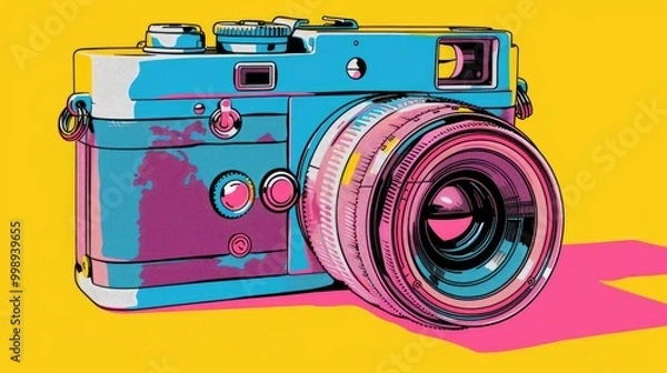 Fototapeta A vibrant, colorful illustration of a vintage camera. The camera is rendered in a pop art style with bold colors and exaggerated features.