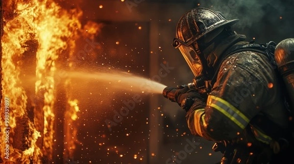Fototapeta AI Generate Portrait of a firefighter in equipment. Firefighters use water from a hose to extinguish a fire in a house.