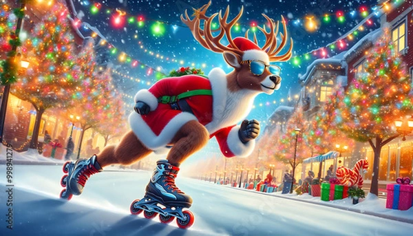 Fototapeta Santa reindeer rides on rollers illustration,greeting card with  reindeer,generaive ai