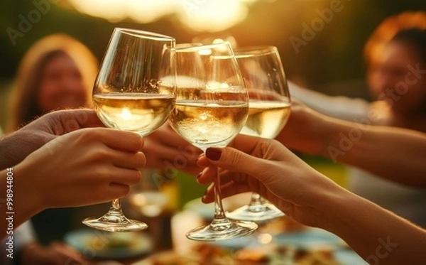 Obraz Friends Toasting with White Wine at an Outdoor Table During Golden Hour