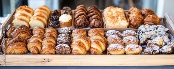 Obraz A Wooden Crate Filled With Delicious Pastries, Croissants, and Bread, Bakery, Breads