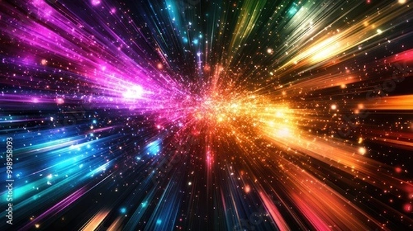 Fototapeta Abstract background with colorful streaks of light and glittering particles.