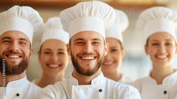 Fototapeta A group of five chefs in white hats and uniforms smile warmly, standing close together in a kitchen environment, portraying unity and happiness in their work.