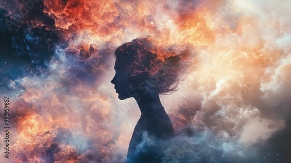Fototapeta A Woman's Silhouette Emerging from a Fiery, Nebulous Sky