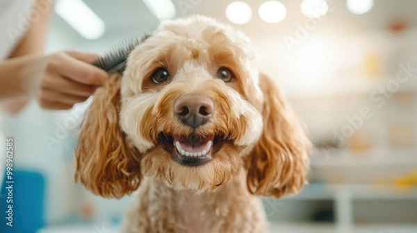 Fototapeta A cute, happy dog with a fluffy coat is being groomed, as a brush gently goes through its fur, with soft lighting in the background highlighting the scene.