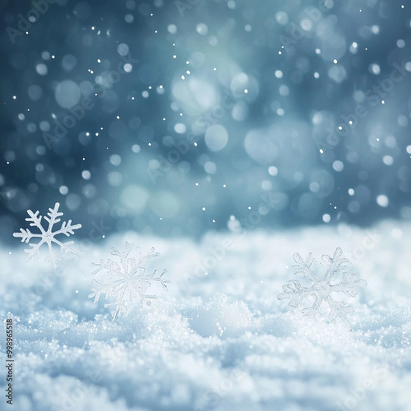 Fototapeta Falling Snowflakes in Winter Scene with Snowy Ground and Soft Bokeh Background