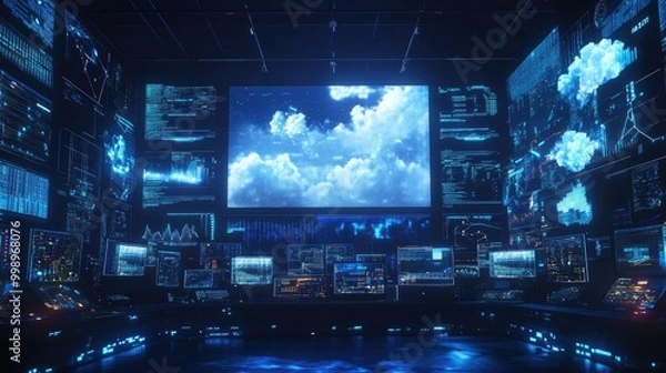 Fototapeta A dark room filled with glowing computer screens displaying various data, charts, and a large screen showing a night sky with clouds.