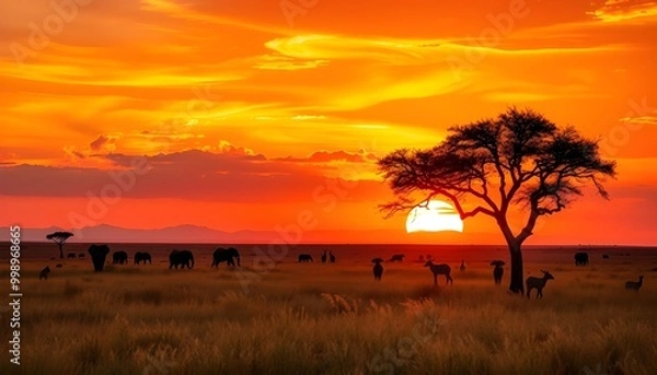 Obraz A breathtaking African savanna with animals, generative ai