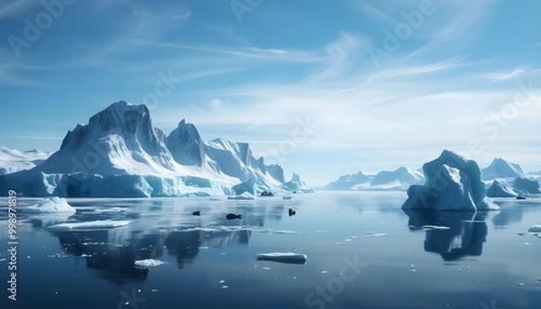 Obraz A cold, striking illustration of towering glaciers and icebergs, generative ai