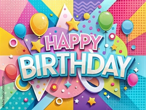 Fototapeta Vibrant and playful happy birthday banner background with a mix of pastel colors and bold graphic shapes in a dynamic composition with a sense of movement and energy