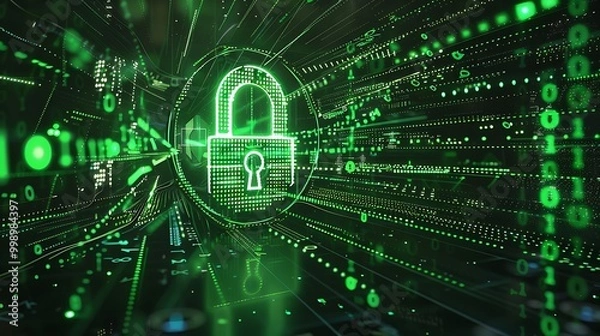 Fototapeta Holographic lock icon surrounded by green binary code in a virtual space