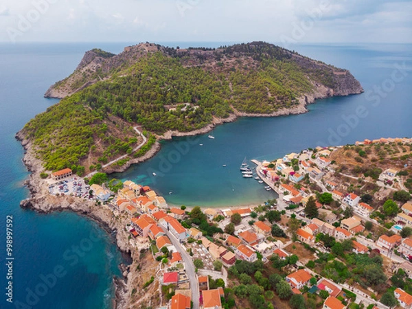 Obraz Aerial shot of Assos is a cozy little village with colorful houses on the Ionian sea on the island of Kefalonia
