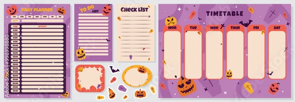 Fototapeta Set of daily planner page template, timetable, check list, to do list, halloween daily organizer, time menagement concept on purple background with orange, scary pumpkins, graves stickers, stars