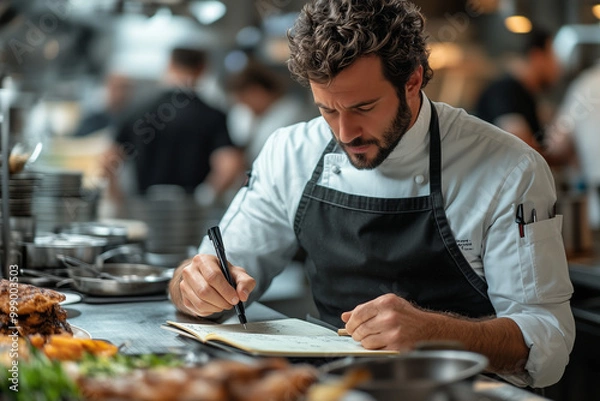 Fototapeta Focused chef wearing a black apron and concentrating on creating a new recipe while making notes in notebook in restaurant kitchen.
