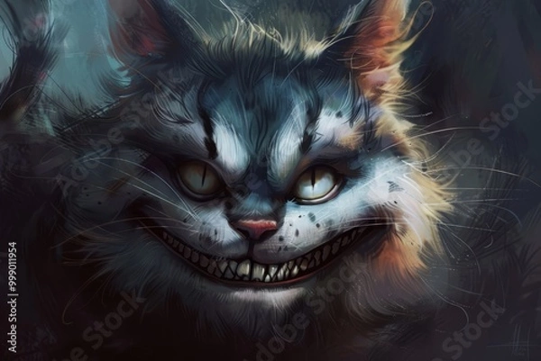 Fototapeta illustration of The Cheshire Cat grinning mischievously while fading away, with only his smile and eyes visible. 