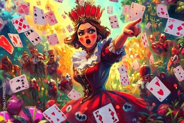 Fototapeta illustration of The Queen of Hearts angrily pointing while surrounded by her playing card soldiers in a vibrant garden. --ar 3:2 --v 6.1 Job ID: 46a87a65-8dc5-49d2-a987-69398e31f05e