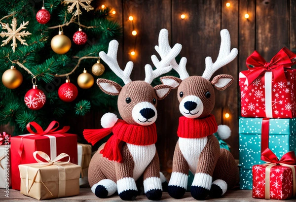Fototapeta Knitted toy deer with gifts under decorated Christmas tree. Festive handmade souvenirs for Christmas