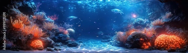 Fototapeta Enigmatic Underwater Alien Ecosystem with Bioluminescent Coral Reefs and Translucent Creatures in Glowing Aquatic Setting