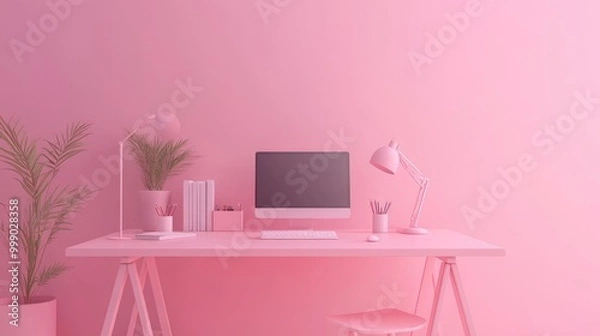 Fototapeta Minimalist pink desk workspace with computer, lamp, plant and stationery.