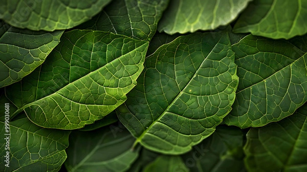 Fototapeta A close-up of lush green leaves, showcasing intricate veins and textures.