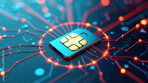 Fototapeta Detailed View of a SIM Card on a Microchip, Showcasing Mobile Technology and Data Transfer