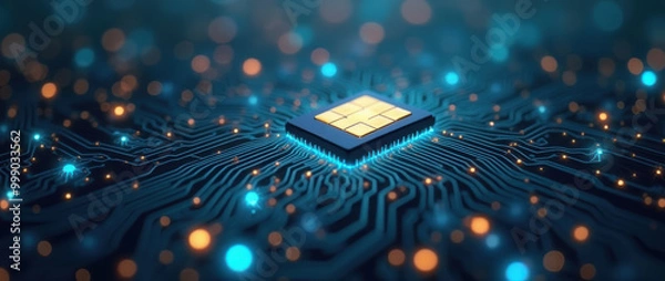Fototapeta Modern Digital Infrastructure: SIM Card and Microchip Close-Up, Representing Wireless Communication
