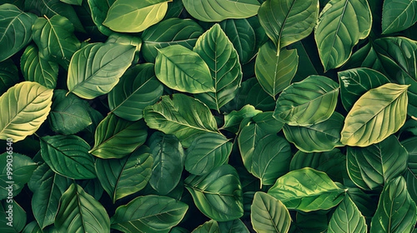 Fototapeta A green and lush foliage background with various leaves.
