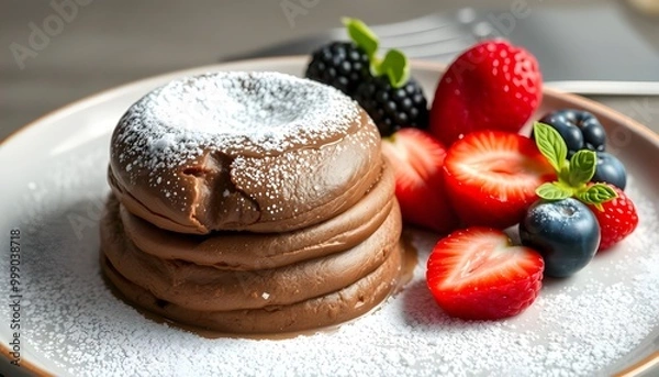Fototapeta  chocolate soufflé with powdered sugar and fresh berries, generative ai