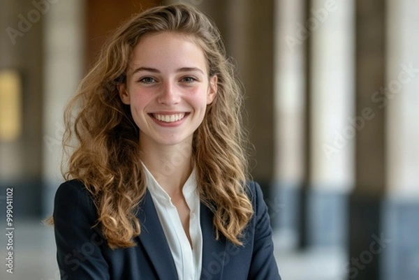 Fototapeta A young woman with curly hair smiles confidently while wearing a dark blazer and a white blouse. She stands in a well-lit corridor with blurred architectural details in the background