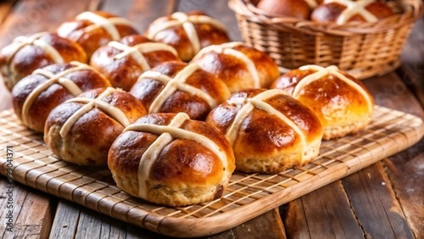 Fototapeta Hot Cross Buns Freshly Baked and Arranged on a Wooden Tray with Basket in the Background