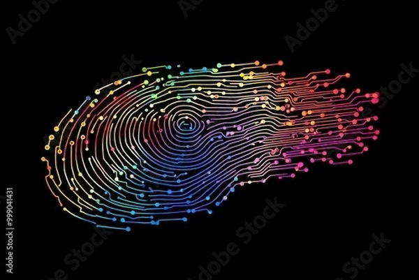 Fototapeta A digital fingerprint with colorful circuit lines on a black background, --chaos 10 --ar 3:2 --v 6.1 Job ID: 6a6764cf-67c4-4ff2-b930-0cc0b04b3e51
