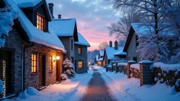 Fototapeta Generative AI, a snowy street with a church in the background and a light pole in the foreground with a clock tower in the distance, winter, a matte painting, heidelberg school
