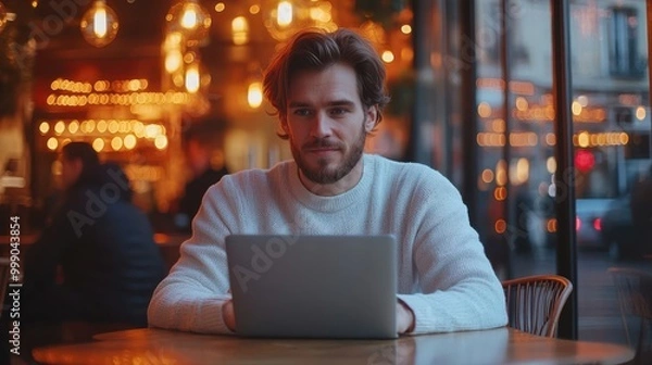 Fototapeta Man working on a laptop in a cozy cafe with bokeh lights. Represents remote work, modern lifestyle, creativity, and productivity in a warm and inspiring atmosphere
